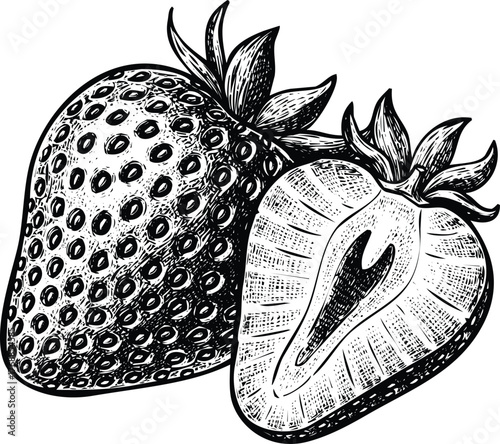 Hand drawn strawberry and half strawberry engraving art design