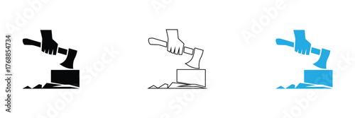 Axe Vector Isolated Emoticon. Axe Emoji Icon,Hand swings axe to chop wood on block, simple graphic.editable stroke