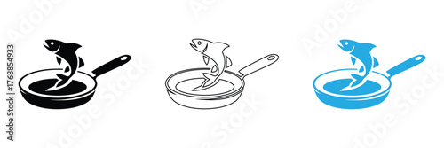 Dynamic fish leaping from sizzling frying pan culinary icon.editable stroke