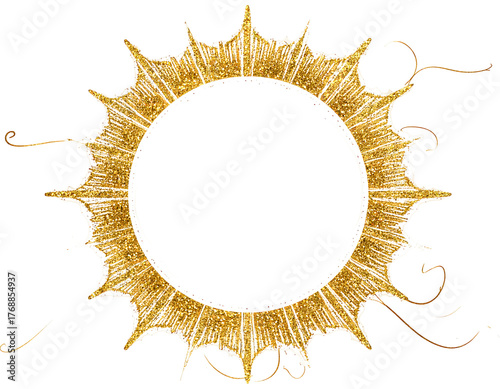 Golden sunburst frame. Abstract with black center, spiky edges and swirls. Decorative golden design, illustration