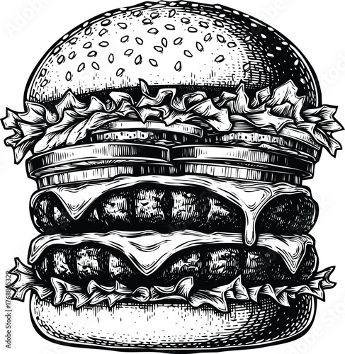 Delicious double cheeseburger engraving art design