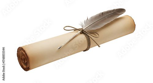 Aged parchment scroll tied with twine and a quill pen with silver nib isolated on a transparent background