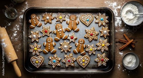 Overhead shot of gingerbread cookies on a baking sheet ready for christmas