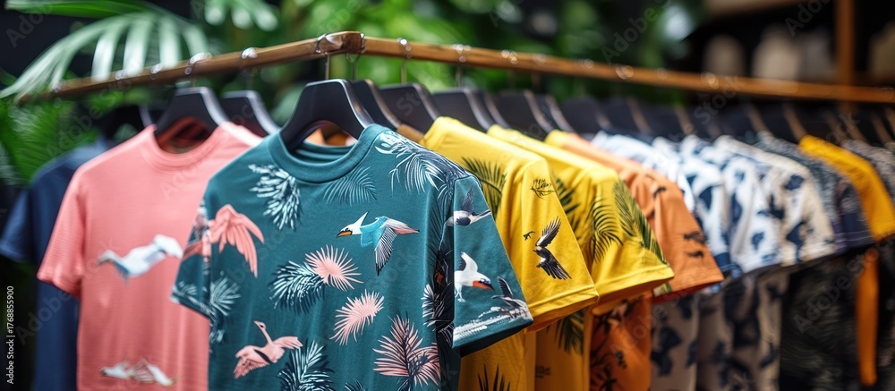 Obraz premium Colorful T-shirts on display, tropical print, retail store