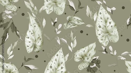 Botanical seamless pattern featuring watercolor-style greenish-grey Caladium and long leaves on a olive-green background