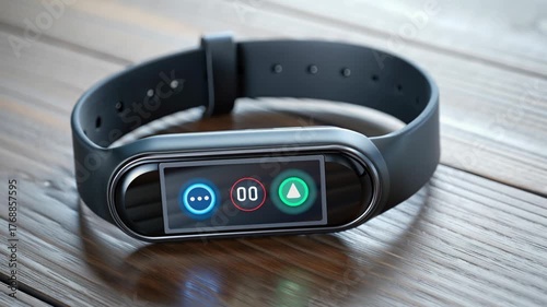 Smart fitness tracker on a wooden surface with touch screen interface.