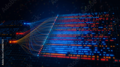 Big data binary code flow with vibrant colors visualizing machine learning, Quantum computing, Digital data networks, and data processing in a digital environment. 3d rendering