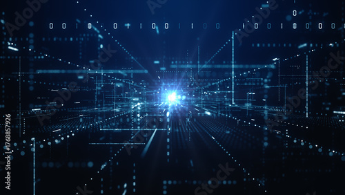 Fototapeta Naklejka Na Ścianę i Meble -  Abstract futuristic digital data network with glowing blue light and virtual grid, perfect for tech, AI, and cybersecurity themes. Technology digital data background 3d rendering