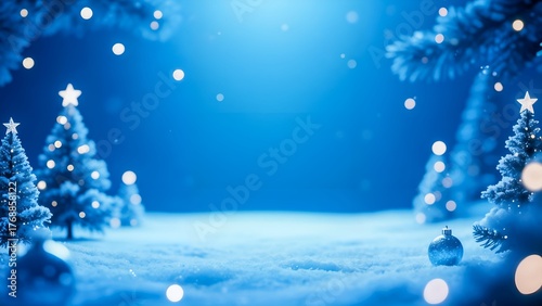 Peaceful winter landscape with illuminated Christmas trees in the snow under a glowing blue light. Festive holiday atmosphere with sparkle bokeh and serene cold tones, perfect for Christmas designs 