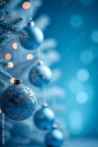 Elegant blue Christmas ornaments hanging on a snowy pine branch with soft bokeh lights. Stylish winter holiday background in cool tones, ideal for festive designs 