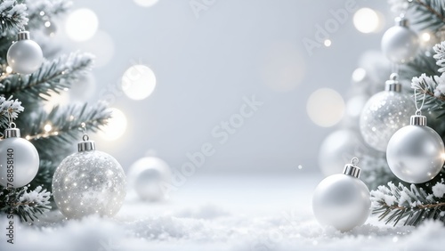 Minimalist winter holiday background with silver and white ornaments hanging on a snowy Christmas tree. Elegant festive decoration with soft lights for greeting cards or seasonal designs 