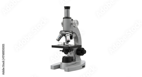 Scientific compound microscope with dual eyepieces and adjustable stage isolated on a transparent background