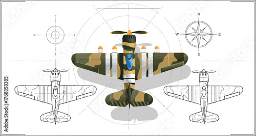 Detailed blueprint of a vintage camouflage airplane ready for flight, showcasing aviation engineering and historical aircraft design with compass rose
