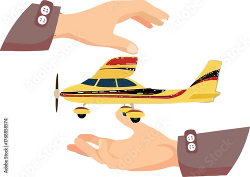 Two careful hands gently hold and present a vibrant yellow airplane, symbolizing aviation dreams, travel planning, and business ventures