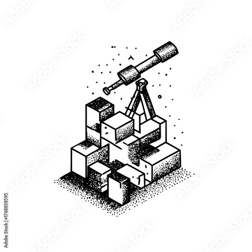 Illustration of a telescope on a tripod placed atop a structure made of stacked isometric cubes and dots