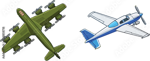Iconic bomber plane and modern propeller aircraft soar against a vibrant clear blue sky
