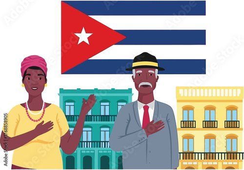 Proud Cuban elders honor homeland with flag and vibrant cityscape, embodying heritage and national pride with heartfelt gestures.