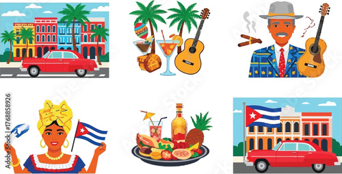 Vibrant Cuban montage showcases iconic travel scenes, lively culture, delicious food, and classic cars for an unforgettable getaway.