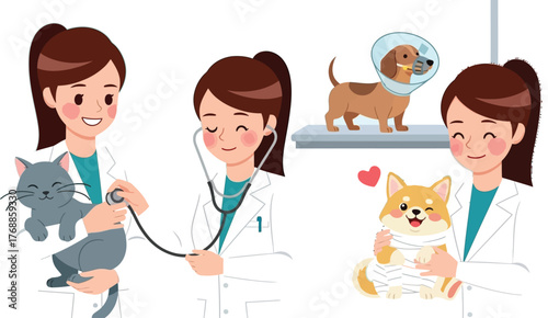 Caring veterinarian team treating adorable pets with love and expertise in a modern, cheerful clinic, perfect for animal health campaigns and pet care promotions