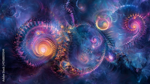 Vibrant fractal artwork with swirling nebulae and cosmic spirals for intricate details glowing colors and mesmerizing visually captivating artistic concept