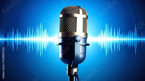 A studio microphone is centered against a blue background, audio waves visualized
