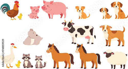 Delightful collection of charming cartoon farm animals including pigs, cows, horses, sheep, dogs, and more, perfect for children's books or educational material