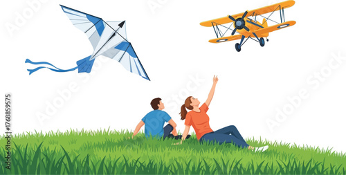 Joyful pair watching a kite soar near a vintage biplane on a sunny day, embodying freedom and adventure.