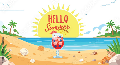 Vibrant summer beach scene with refreshing cocktail, seashells, and tropical palms evoking happy vacation vibes for travel and summer marketing campaigns
