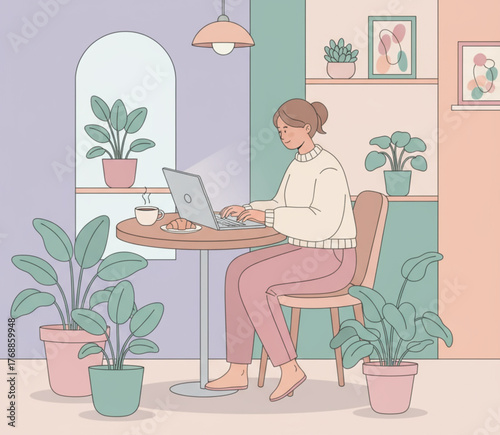 Young woman working on a laptop surrounded by lush green plants in a cozy, modern home interior