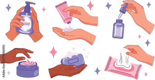 Elegant skincare routine featuring diverse hands using soap, lotion, serum, cream, and wipes for beauty, hygiene, and self-care in a modern design