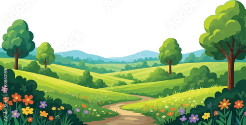Escape to this vibrant countryside scene with rolling green hills, wildflowers, and a winding path beckoning you to explore nature's beauty today