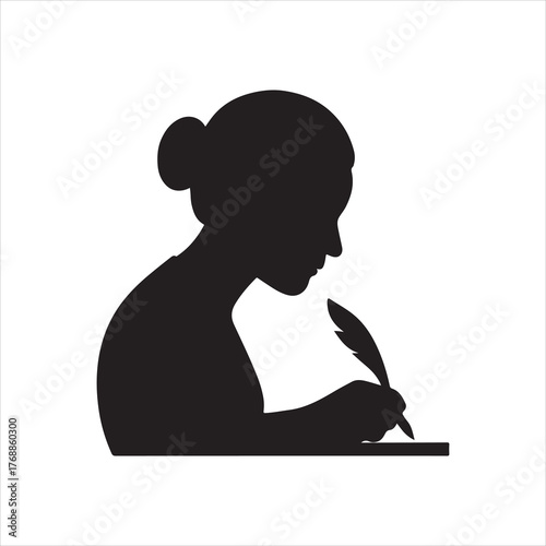 Silhouette of a thoughtful woman writing with a quill pen on parchment or paper creating literature poetry or signing legal documents