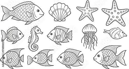 Dive into creativity with charming sea life outlines for coloring books and unique designs featuring fish, starfish, shells, and a whimsical seahorse