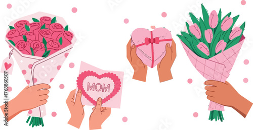 Show your love with roses, tulips, and heartfelt gifts this Mother's Day, perfect for greeting cards, social media posts, and heartwarming digital designs