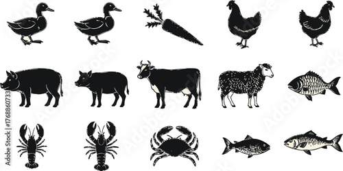 Farm animal and seafood collection creates an authentic culinary design, perfect for rustic menus, farm-to-table promotions, and vintage-inspired brands
