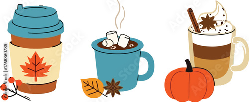 Enjoy delicious seasonal fall beverages like hot cocoa and pumpkin spice lattes with friends, perfect for autumn marketing campaigns and cozy designs