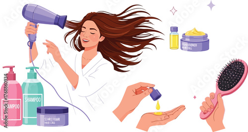 Gorgeous woman using hair styling products for hair care routine, enjoy beautiful hair with shampoo, conditioner, oil and brush in home spa day setting