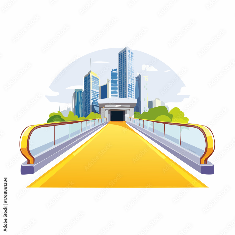 Fototapeta premium Asphalt highway road and pedestrian bridge with modern city buildings scenery 1