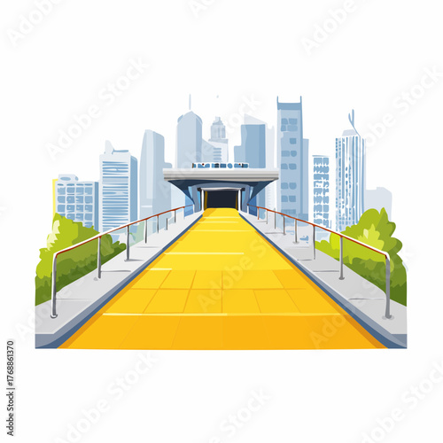 Asphalt highway road and pedestrian bridge with modern city buildings scenery
1