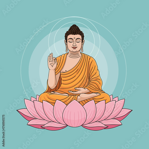 Buddha sitting in lotus position with hand raised in blessing mudra, set against a light blue background with circular design.