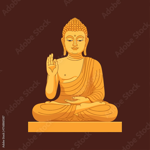 Golden Buddha statue in a meditative pose, with one hand raised in a gesture of blessing or teaching, against a dark brown background.