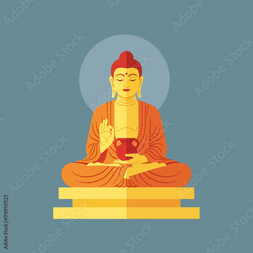 A stylized illustration of Buddha in a lotus position, holding a bowl, with a halo behind his head, seated on a pedestal.
