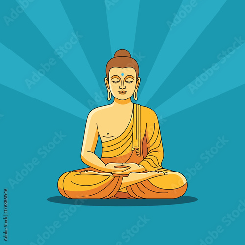 An illustration of Buddha meditating peacefully in the lotus position against a blue radiating background.