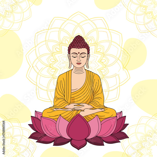 Illustration of Buddha meditating in lotus position on a pink lotus flower with a mandala background.