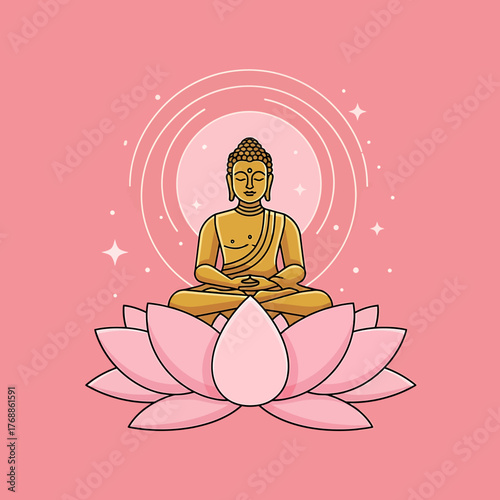 Serene golden Buddha meditating peacefully atop a large, vibrant pink lotus flower against a soft pink background with subtle glowing circles and stars.