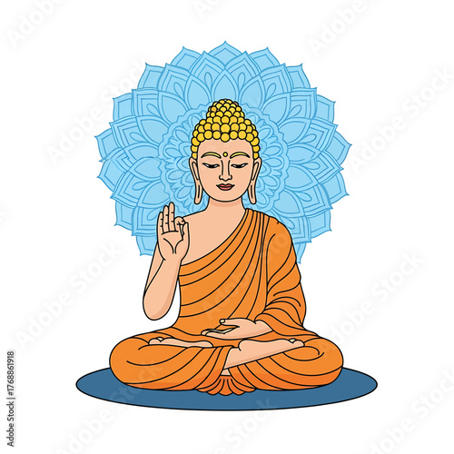 Illustration of Buddha in lotus position, with hand raised in blessing, set against a blue mandala background.