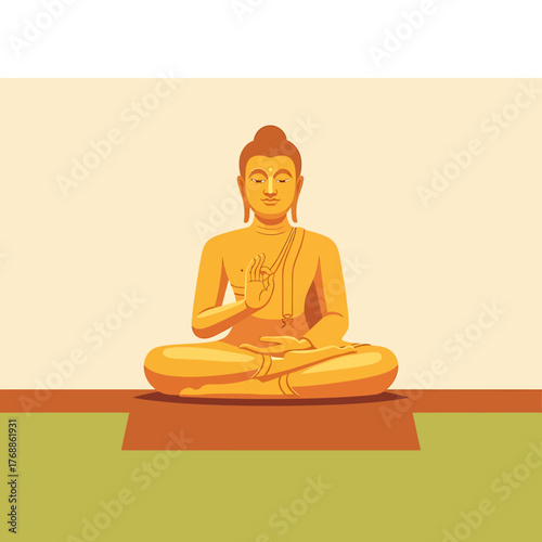 Golden Buddha statue in a meditative pose, sitting on a platform with a light background, conveying peace and spirituality.