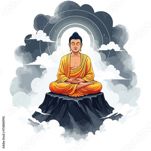 A serene illustration of Buddha meditating in the lotus position on a rocky peak among clouds.