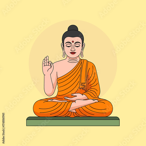 An illustration of Gautama Buddha meditating in the lotus position with a peaceful expression and a teaching hand gesture.