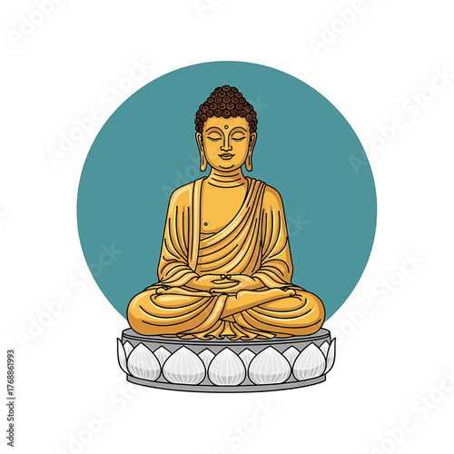 A serene, golden illustration of the Buddha meditating in the lotus position on a lotus flower base.